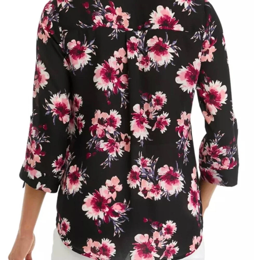 BCX Portofino Woven Top Black Floral Roll‑Tab Sleeves L NWT $79 - Picture 2 of 7